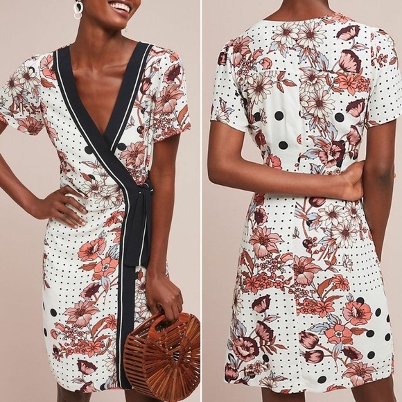 Anthropologie Maeve Aubrey Floral Polka Dot Short Sleeve Wrap Dress Cream Size 8 - Picture 1 of 6